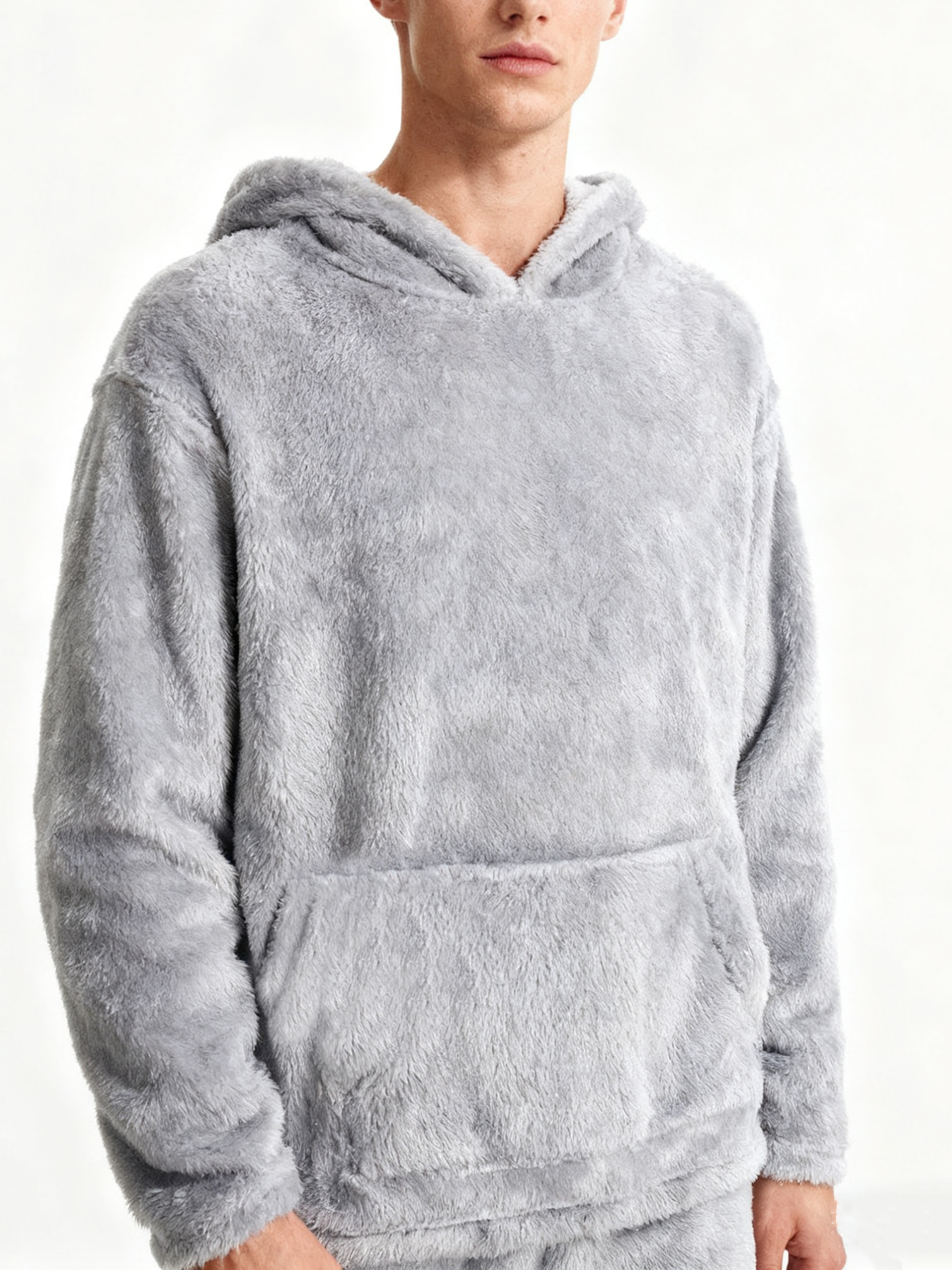 Winter Clothing Offer - Men's light gray plush hooded sweatshirt,